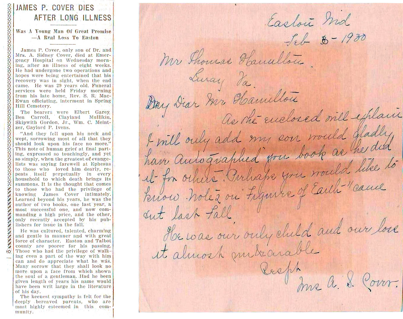 cover obituary and letter
